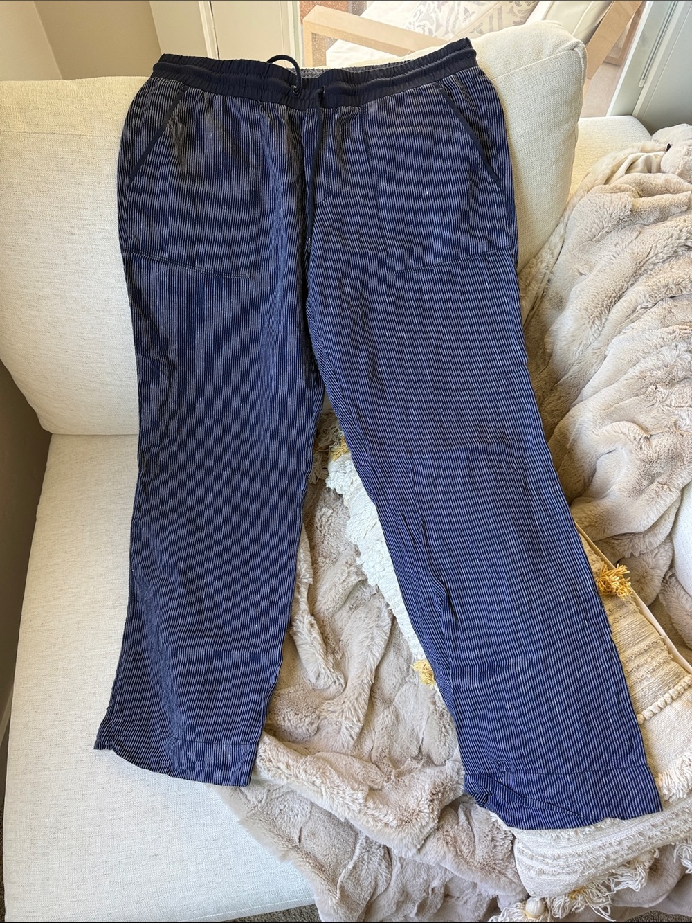 Athleta Navy Striped Linen Pants Size 14